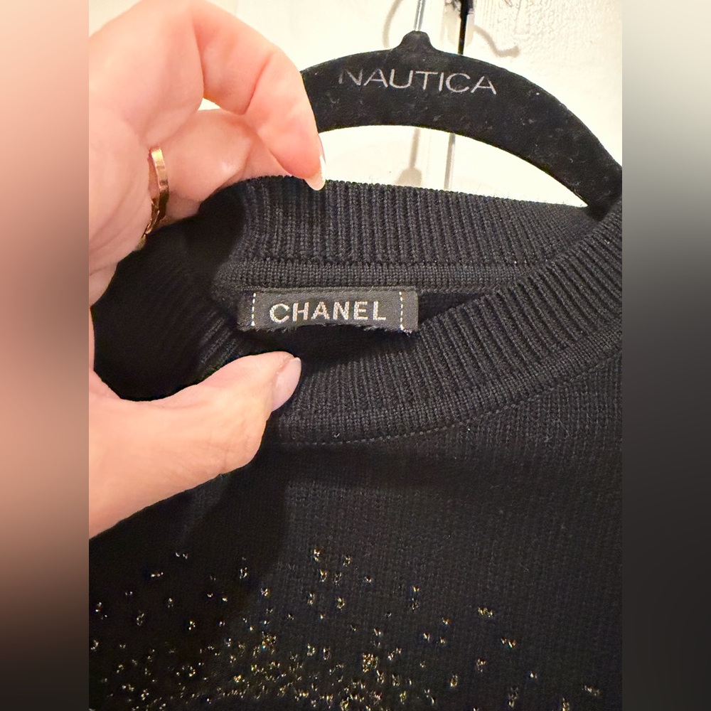CHANEL Uniform Black Cotton Sweater W Gold Metallic CC Logo Size S designer NEW - Picture 7 of 13